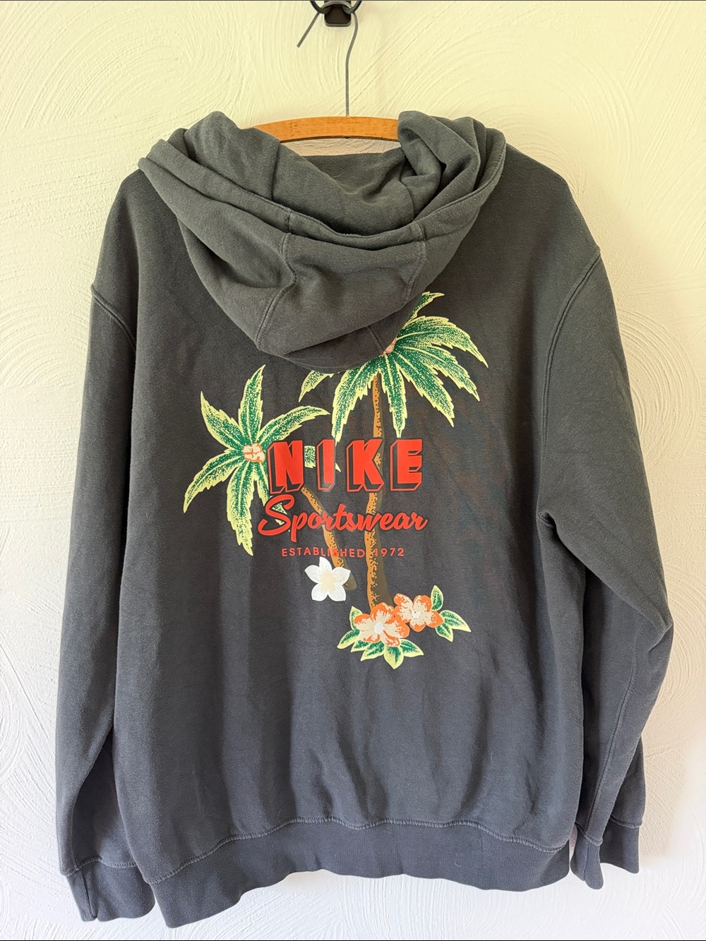 Nike Black Zip Up Hoodie with Tropical Palm and Floral Print. Size Large.